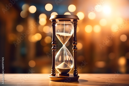 Hourglass on a wooden surface. Blurry bokeh background