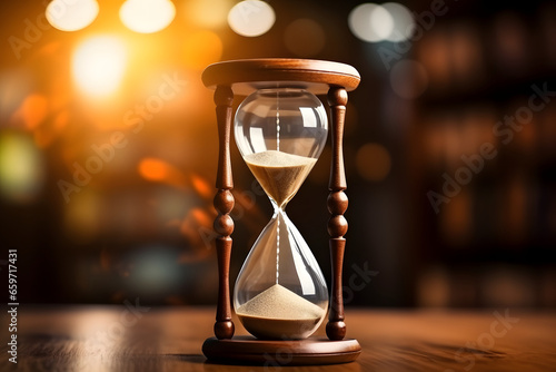 Hourglass on a wooden table with bokeh background in a blurry library full of books