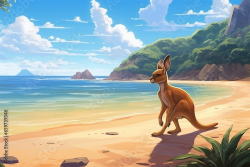 anime style scenery background, a kangaroo on the beach