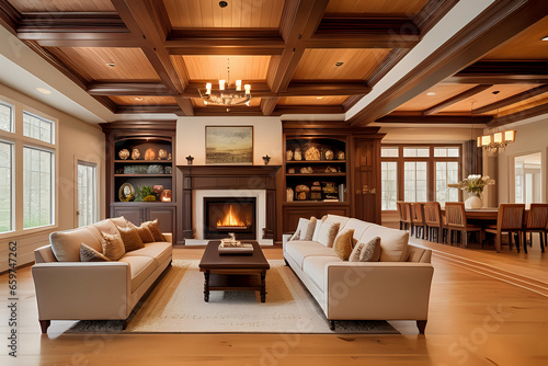 Beautiful living room interior with wooden floor, coffered ceiling, and roaring fire in the fireplace, in a new luxury home
