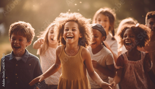 A group of carefree children playing outdoors, smiling and laughing generated by AI