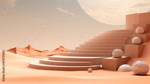 A dream-like sky filled with abstract clouds creates a surreal backdrop for a winding set of stairs that blend art and design, inviting the viewer to explore the depths of the desert