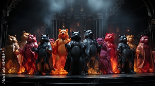 A theatrical group of bears takes the stage, their joyful dance creating an exuberant and mesmerizing atmosphere inside the theater