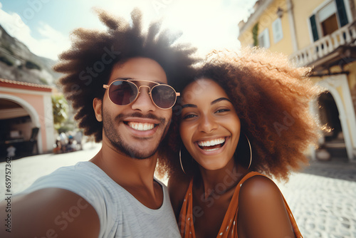 Happy black couple taking selfie outside on vacation - Beautiful boyfriend and girlfriend having fun on summer holiday