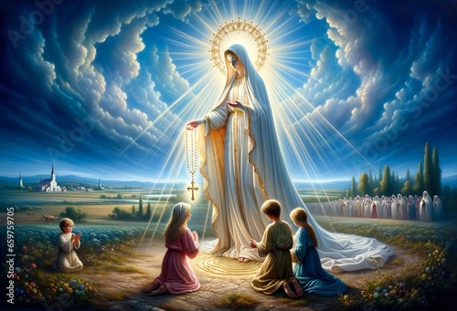The Miracle of the Sun with the Fatima Children Praying the Holy Rosary with the Blessed Virgin Mary : Marian Apparition and Prophecy by Our Lady of Fatima in Portugal 1917.
