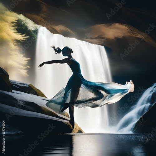 double exposure image that combines the graceful form of a dancer with the fluid | woman dance near waterfall