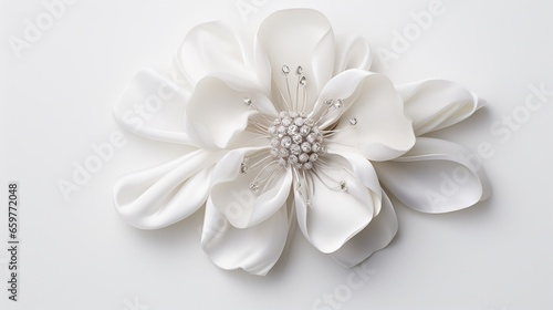 A white flower brooch with a pearl center on a white background. The brooch is made of white petals with a pearl center and silver beads. The petals are arranged in a circular fashion and have a