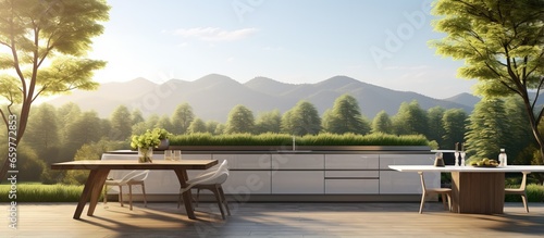 illustration of interior design in an outdoor contest displaying modern kitchen and furniture in a park with trees and green grass meadow