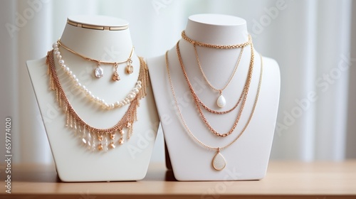 Two white necklace busts on a white background. The busts are wearing gold and pearl necklaces and earrings. The necklaces have different styles and layers. The background is white with a slight