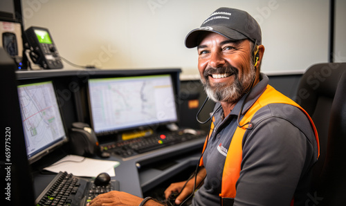 portrait of Dispatcher. Schedule, dispatch workers, work crews, equipment, service vehicles for conveyance of materials, freight, passengers, for normal installation, service, or emergency repairs