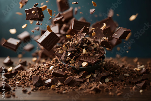 Flying pieces of crushed chocolate pieces, delicious fresh dark brown chocolate fragments. 