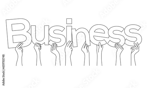 Group of diverse caucasian hands holding "Business" word, letters line art black vector.