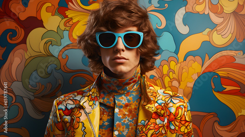 Retro 60s man with sunglasses in colorful psychedelic style