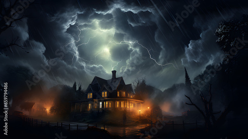 haunted house on a stormy night, with lightning illuminating its eerie architecture.