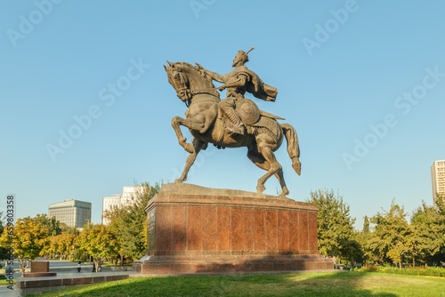 Statue of Tamerlane in the park at center of Tashkent at sunset, Uzbekistan
