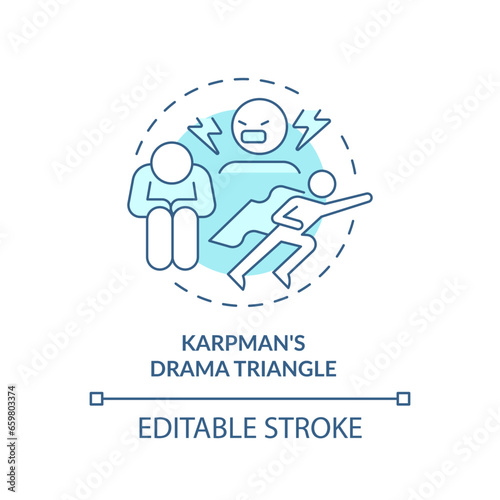 2D editable thin line icon karpman drama triangle concept, monochromatic isolated vector, blue illustration representing codependent relationship.