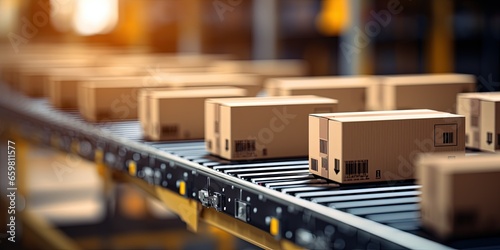 Closeup of multiple cardboard box packages seamlessly moving along a conveyor belt in a warehouse fulfillment center, a snapshot of e - commerce, delivery, automation, and products.