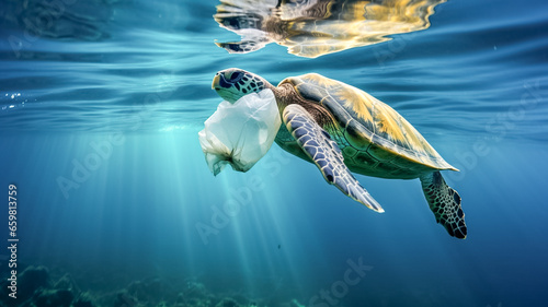 Wild sea turtle in transparent plastic bag swimming underwater representing concept of environmental pollution.