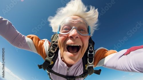 Senior woman skydiving