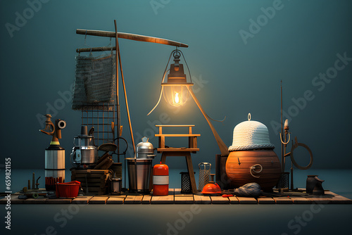 Composition of fishing equipment in 3d style, generate AI, fisherman life concept