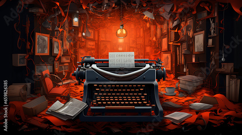 an imaginative portrayal of an author at a typewriter, with words and sentences flowing out of the machine and filling the room, celebrating the creativity and storytelling in literature