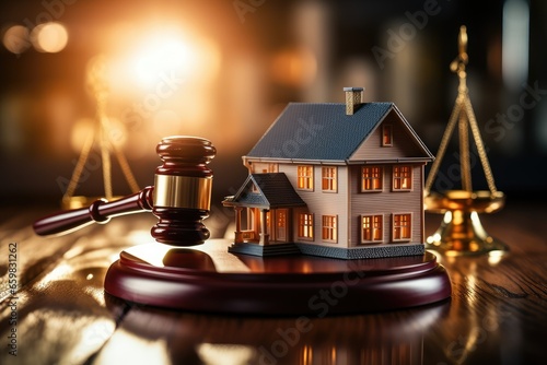 Auctioneer and real estate concept. Model house, gavel, and law books. The law of real estate concept