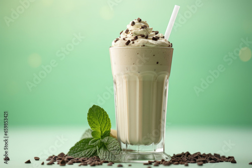 Delicious milkshake with chocolate chips, perfect for refreshing treat on hot day. Great for use in food and beverage related projects.