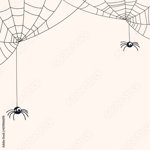 Funny spiders with spider web doodle line childish style vector illustration have blank space. Happy Halloween greeting card template.