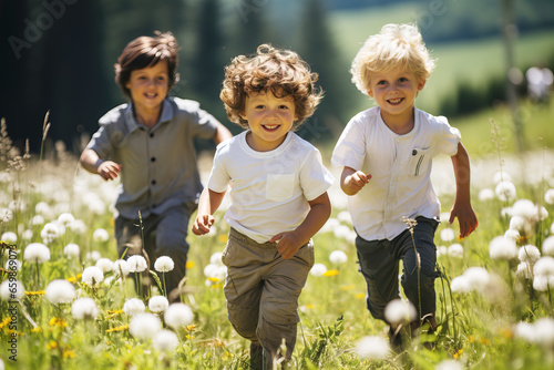 a lot of different children run around together playing in the field, a happy childhood, a joyful mood