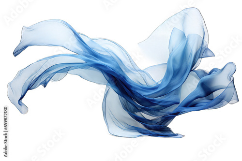 Silk scarf flying in the wind. Waving blue satin cloth isolated on transparent background 