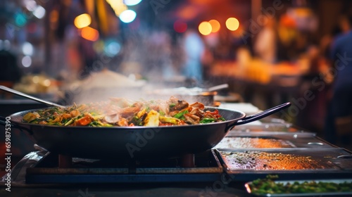 A freshly prepared street food dish, with steam rising, presented in a minimalist style against the market's commotion.