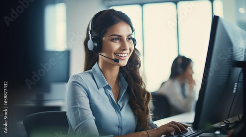 Friendly call center agent answering incoming calls with a headset, providing customer service remotely.