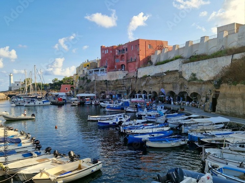 The beautiful Ventotene Island: Colorful Houses, Boats, and a Wonderful Sea. Popular island in the mediterranean near to Formia, Ponza, Ischia, Rome and Naples in Italy.