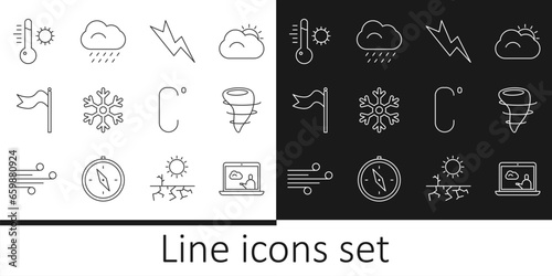 Set line Weather forecast, Tornado, Lightning bolt, Snowflake, Meteorology windsock wind vane, thermometer, Celsius and Cloud with rain icon. Vector