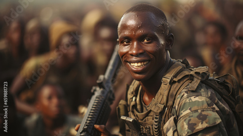 Portrait of a smiling Somali african soldier standing in front of the crowd.