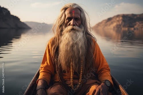 Sadhu rowing in the boat, Varanasi, India. Gadsisar Lake Jaisalmer is the background. AI generative