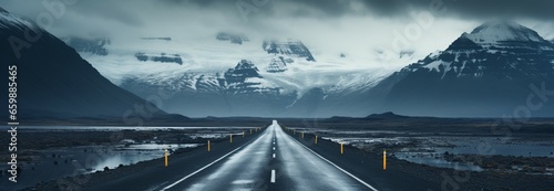 Icelandic gloom: An asphalt road stretches under a stormy mountain landscape