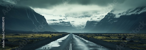 Icelandic gloom: An asphalt road stretches under a stormy mountain landscape