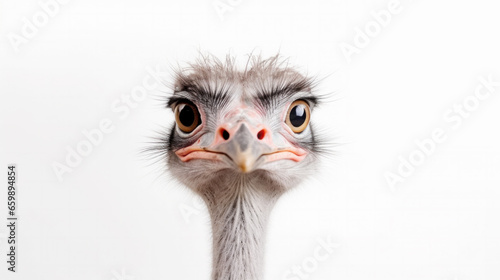 Portrait of ostrich bird head and neck (Struthio camelus), is a species of large flightless bird native to certain large areas of Africa on white background