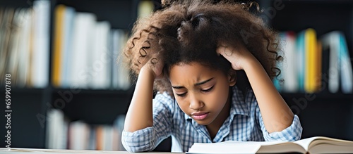 Tired African American school aged child struggling with homework at home looking fatigued while sitting at desk with laptop and book With copyspace for text