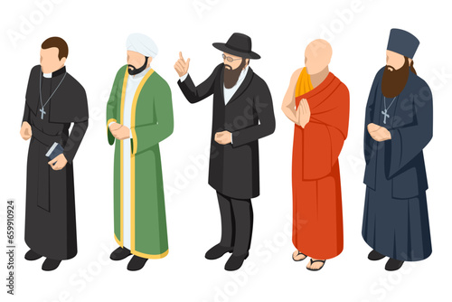 Isometric Set of religion people. Catholic Priest, buddhist monk, christian priests, patriarchs, rabbi judaist, muslim mullah. Religion and its representatives.
