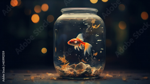 Beautiful bright small goldfish in jar glass aquarium on table indoors.
