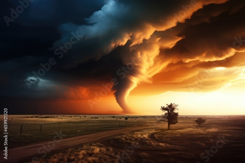 Tornado devastating land at sunset. Extreme weather and climate change concept