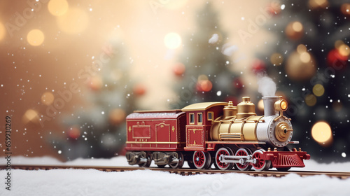 Toy train running around the Christmas tree, Christmas. ai generative