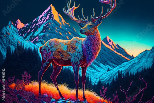 a stag in the mountains highly detailed with micro detail vibrant colours trippy illustration high contrast neon colors LSD hyper detailed 