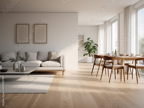 A clean and inviting white apartment with thoughtfully arranged interior elements. AI Generation.