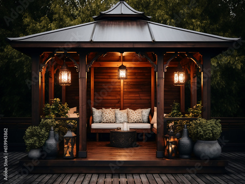 Dark wood gazebo stands gracefully in its exterior place. AI Generation.