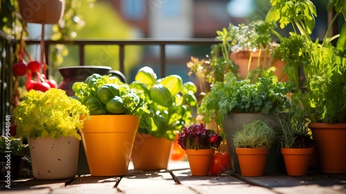 Garden herbs grown in flower pots on balcony or windowsill.