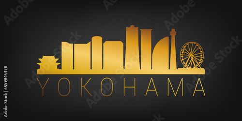 Yokohama, Kanagawa, Japan Gold Skyline City Silhouette Vector. Golden Design Luxury Style Icon Symbols. Travel and Tourism Famous Buildings.