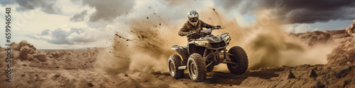 Rider on quad bike in dust path. Desert rider in action.